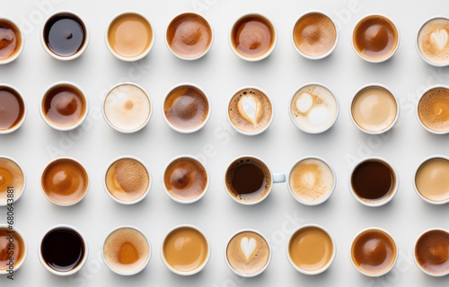 Pattern made of Multiple cups of coffee with variety of coffee drinks overhead view, pastel background 
