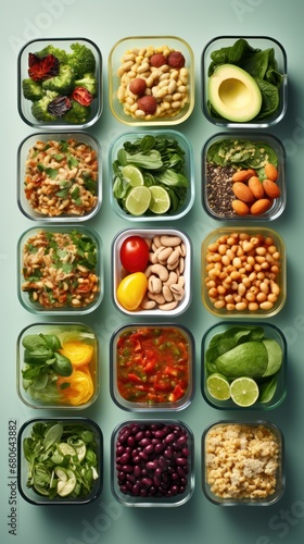 Vegan meal prep containers with vibrant greens, protein-rich legumes, and colorful vegetables.