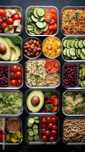 Vegan meal preparation with an assortment of grains, beans, and vegetables in containers.