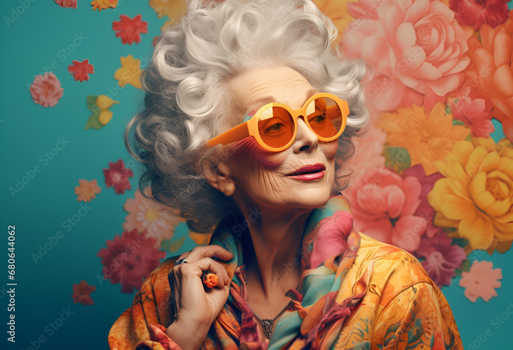 Old woman with vintage style on pastel colors