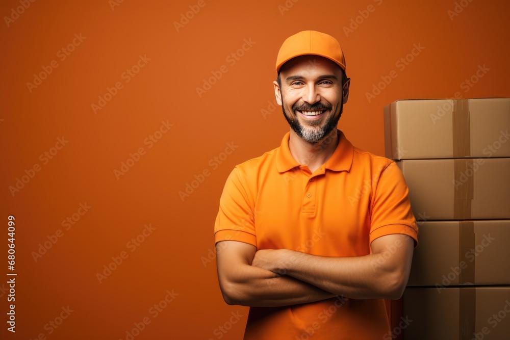 Young happy delivery man in the uniform