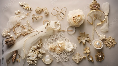  a white table topped with lots of different types of brooches and other assorted brooches on top of a white cloth covered table next to a bouquet of flowers.