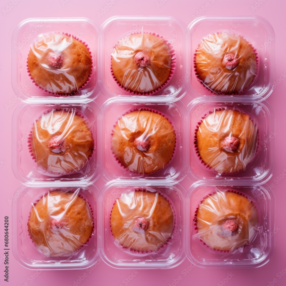 Pattern made of pink muffins wrapped in plastic bag against pastel pink background