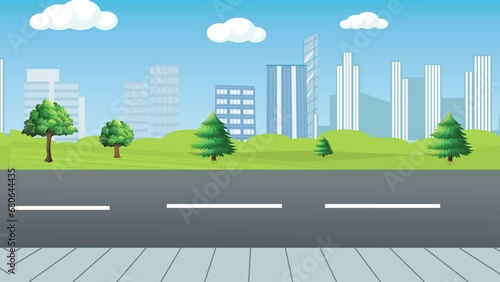 Animation of empty Street in city with sidewalk, Trees and Building in the background.  photo