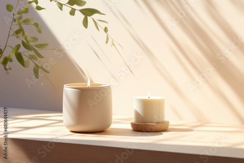 Aroma candle mock up, warm aesthetic composition. Cozy home comfort, relaxation and wellness concept. Interior decoration mockup