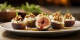 Divine Fig Delights - Explore the Culinary Harmony of Figs Stuffed with Goat Cheese, Drizzled with Nut and Honey. Shallow Depth of Field Captures the Exquisite Details