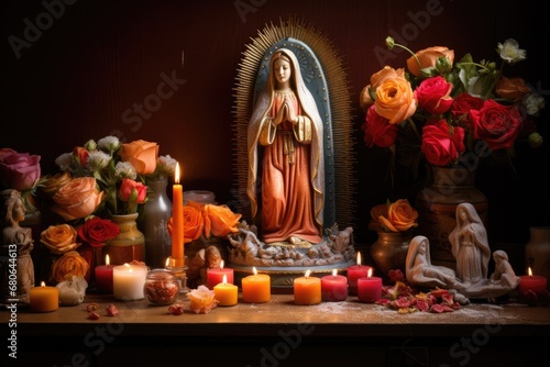 Christian altar with Virgin Mary statue decorated with flowers and candles. Las Posadas, Assumption, Solemnity, Visitation, Nativity of blessed Virgin mary celebration photo