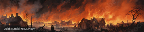 A town in turmoil is depicted in this haunting watercolor. Bold strokes capture the chaos of flames and explosions, transforming the once peaceful town into dark ruins. photo