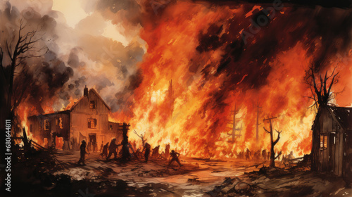 A town in turmoil is depicted in this haunting watercolor. Bold strokes capture the chaos of flames and explosions, transforming the once peaceful town into dark ruins.