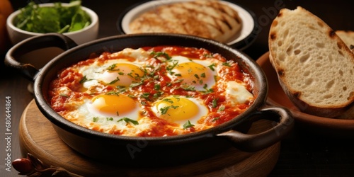 Shakshuka Delight - Picture a Table Set with the Tempting Display of Shakshuka, Fried Eggs Nestled in Rich Tomato Sauce