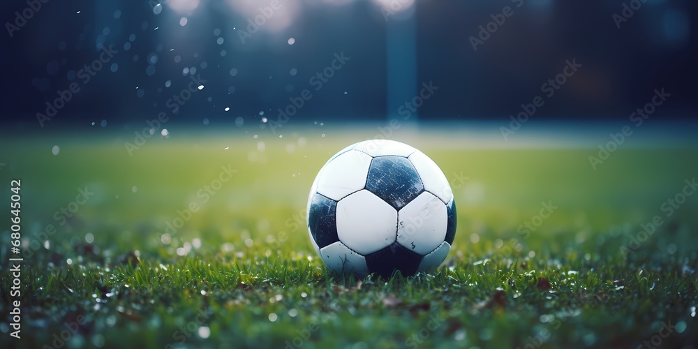 Fototapeta premium Soccer ball on green grass field. Sport and recreation concept - generative ai