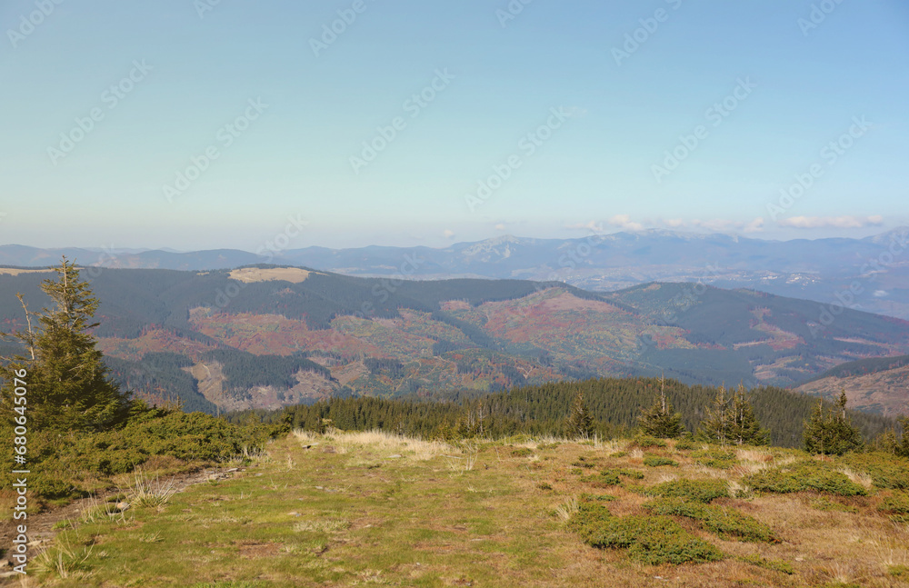 Landscape with Mount Hoverla hanging peak of the Ukrainian Carpathians against the background of the sky and clouds