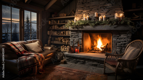 Cozy dark rustic living room with big floor to ceiling windows and a fireplace  decorated for Christmas.  Rustic Living Room with a stone fireplace  leather armchair  antler chandelier  and cozy cabi 