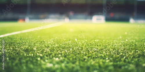Soccer field with green grass and bokeh lights  close up - generative ai