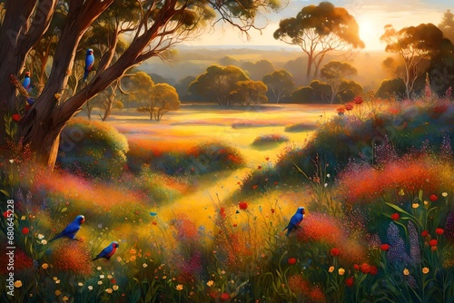 A picturesque meadow bathed in golden sunlight, adorned with vibrant wildflowers, as a flock of rainbow lorikeets adds a burst of color to the scene. photo