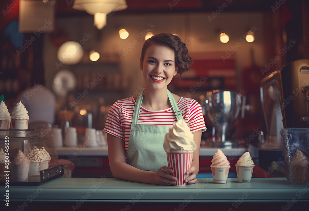 Young and happy saleswoman in apron making ice cream - obrazy, fototapety, plakaty 
