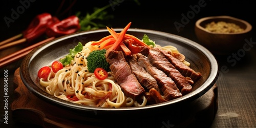 Asian Culinary Art - Embark on the Culinary Journey of Preparing Ingredients for Asian Cuisine. Visualize Cooked Noodles and Meat Gracefully Arranged