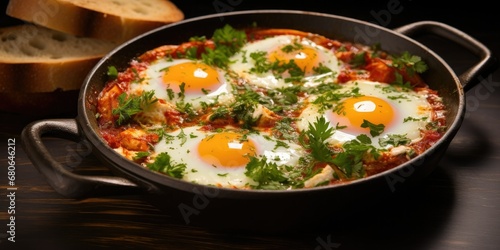 Street-side Shakshuka - Imagine Fried Eggs in Tomato Sauce Served on a Table at a Bustling Street Restaurant. The Aroma of this Savory Dish Wafting Through the Air
