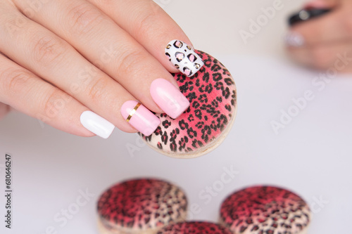  Female hand with pink manicure nails, leopard print, holding sweet macaroons 