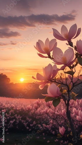The landscape of Magnolia blooms in a field, with the focus on the setting sun. Creating a warm golden hour effect during sunset and sunrise time. Magnolia flowers field