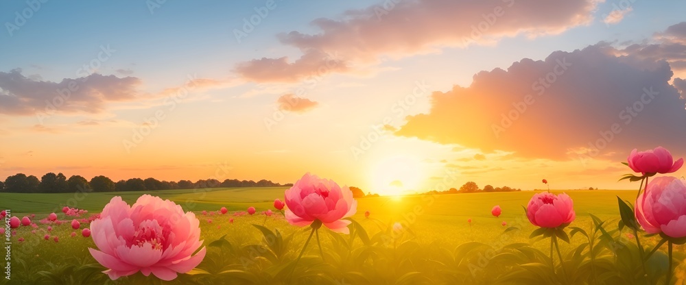 The landscape of Peony blooms in a field, with the focus on the setting sun. Creating a warm golden hour effect during sunset and sunrise time. Peony flowers field