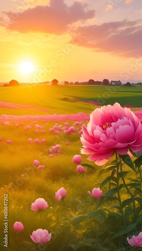 The landscape of Peony blooms in a field  with the focus on the setting sun. Creating a warm golden hour effect during sunset and sunrise time. Peony flowers field
