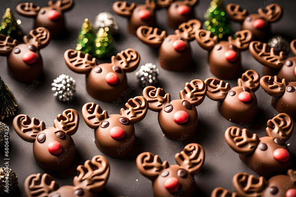 Picture a detailed shot of a reindeer-shaped chocolate truffle