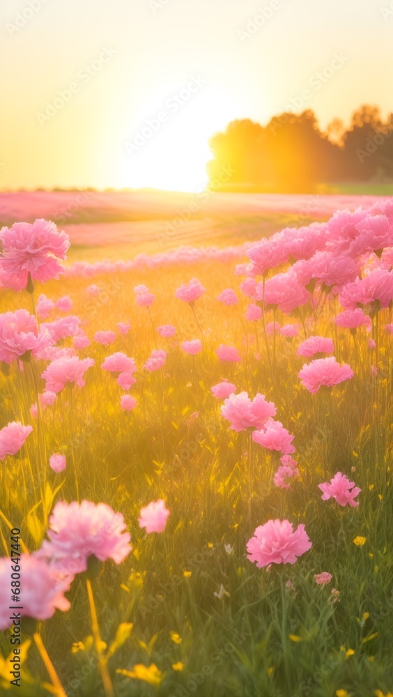 The landscape of Carnation blooms in a field, with the focus on the setting sun. Creating a warm golden hour effect during sunset and sunrise time. Carnation flowers field