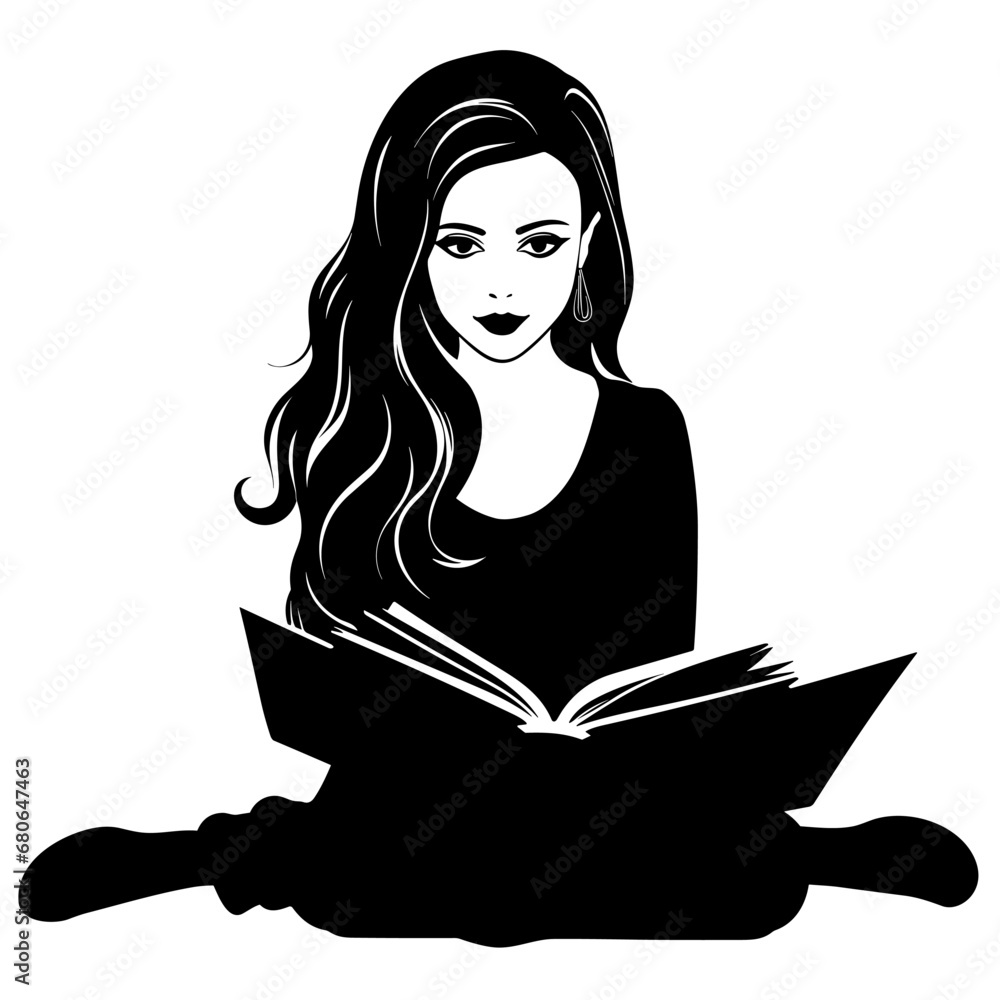 Girl reading a book black icon on white background. Reading girl silhouette Girl reading a book black icon on white background. Reading girl silhouette