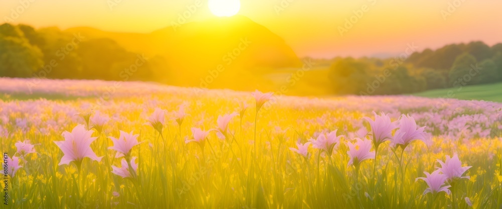 The landscape of Lily blooms in a field, with the focus on the setting sun. Creating a warm golden hour effect during sunset and sunrise time. Lily flowers field