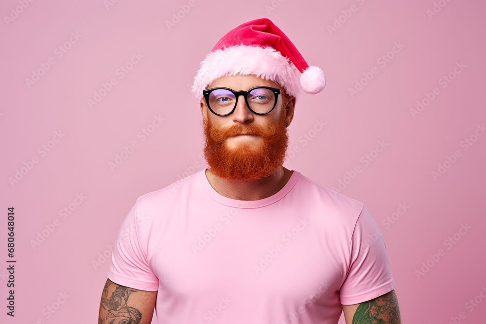 Handsome man In Santa hat in the studio against pink background Handsome man In Santa hat in the studio against pink background