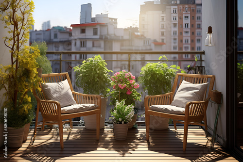 Beautiful terrace or balcony with small table, chair and flowers. Summer time Idyllic seating in the terrace with drink	
