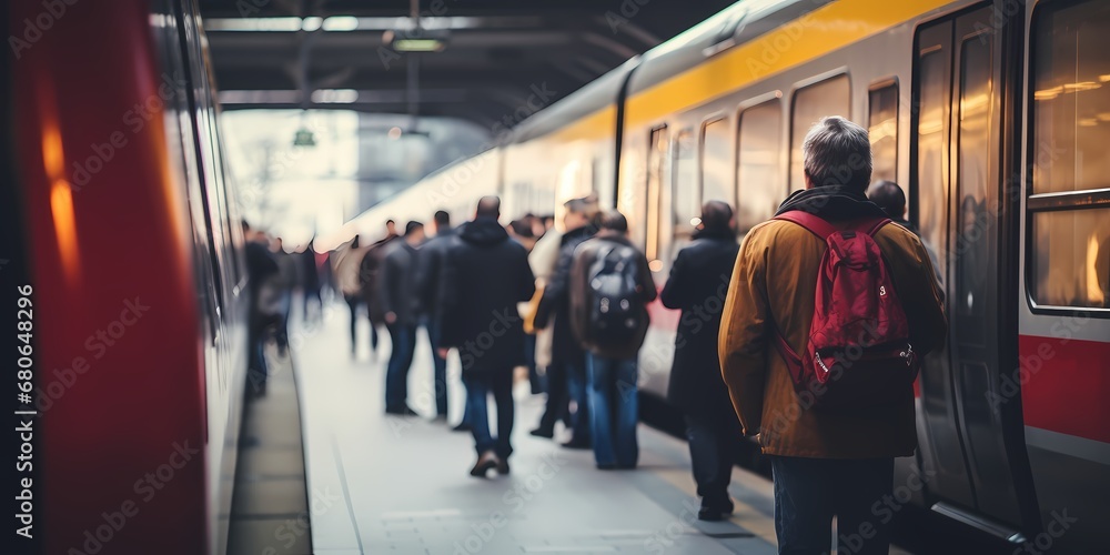 People waiting for the train at the platform of the railway station - generative ai People waiting for the train at the platform of the railway station - generative ai