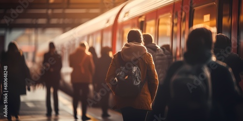 People waiting for the train at the station. Blurred image - generative ai photo