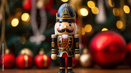 Christmas nutcracker toy with Christmas tree and bokeh background. Selective focus. 