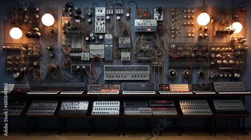Music studio with cables and synthesizers photo