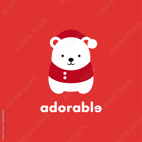 Cute polar bear wearing a red and white outfit with the word adorable written below it. The image has a festive and cheerful mood, perfect for the holiday season