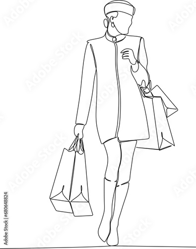 Continuous line drawing of a woman holding many paper bags after shopping for personal needs. Shopping fashion, cosmetics, makeup in a large shopping center concept.