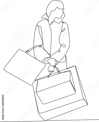 Continuous line drawing of a woman holding many paper bags after shopping for personal needs. Shopping fashion, cosmetics, makeup in a large shopping center concept.