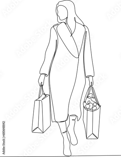 Continuous line drawing of a woman holding many paper bags after shopping for personal needs. Shopping fashion, cosmetics, makeup in a large shopping center concept.