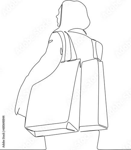 Continuous line drawing of a woman holding many paper bags after shopping for personal needs. Shopping fashion, cosmetics, makeup in a large shopping center concept.