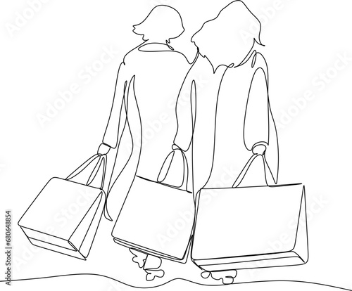 Continuous line drawing of a woman holding many paper bags after shopping for personal needs. Shopping fashion, cosmetics, makeup in a large shopping center concept.