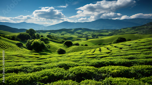 Lush green tea plantation in the mountains. Generative Ai © Shades3d