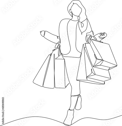 Continuous line drawing of a woman holding many paper bags after shopping for personal needs. Shopping fashion, cosmetics, makeup in a large shopping center concept.