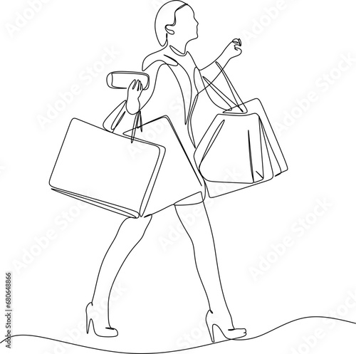 Continuous line drawing of a woman holding many paper bags after shopping for personal needs. Shopping fashion, cosmetics, makeup in a large shopping center concept.