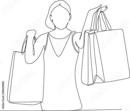 Continuous line drawing of a woman holding many paper bags after shopping for personal needs. Shopping fashion, cosmetics, makeup in a large shopping center concept.