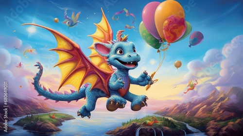  a painting of a blue dragon flying over a body of water with a bunch of balloons in it's mouth and a bunch of other balloons in the air. photo