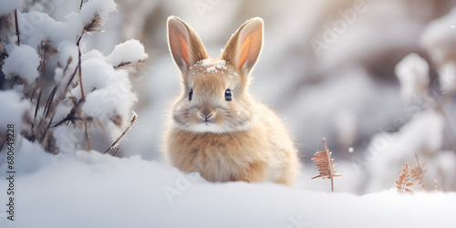 Whiskers in the Snow: Adorable Easter Bunny,rabbit in the snow.AI Generative 
