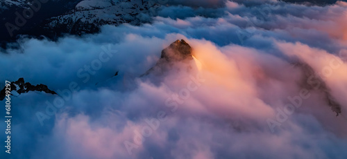 Canadian Mountain Landscape. Aerial Panoramic View. Dramatic Sunset.