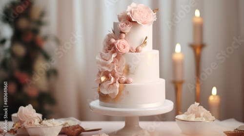  a three tiered cake with pink flowers on top of a table with candles and flowers on the side of the cake and on the other side of the cake.